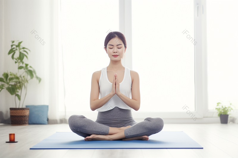 女性瑜伽瘦身室内场景盘腿而坐瑜伽垫上冥想的女人图像摄影,高清,摄影图,摄影图片,图片大全,摄影图免费下载